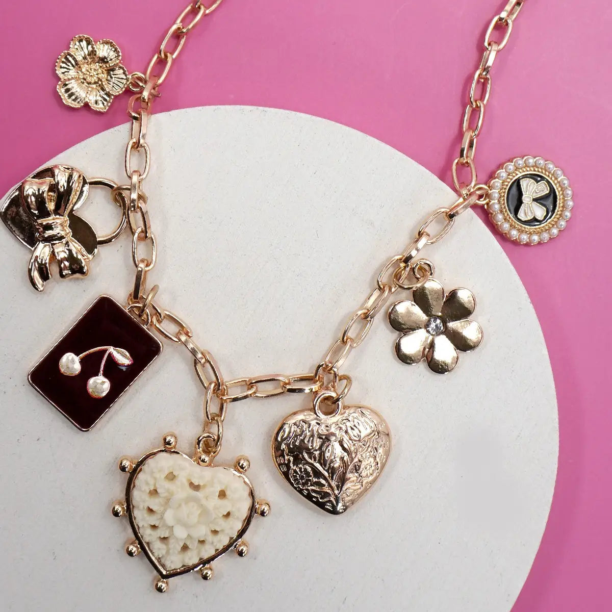 Gold Bow & Cherry Charm Necklace