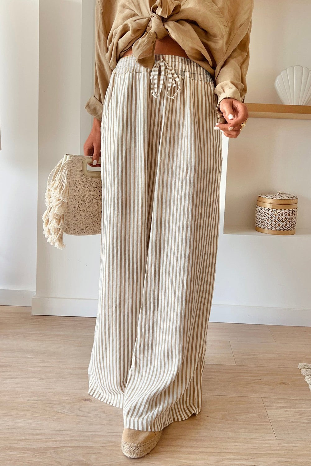 Khaki Striped Wide leg Pants