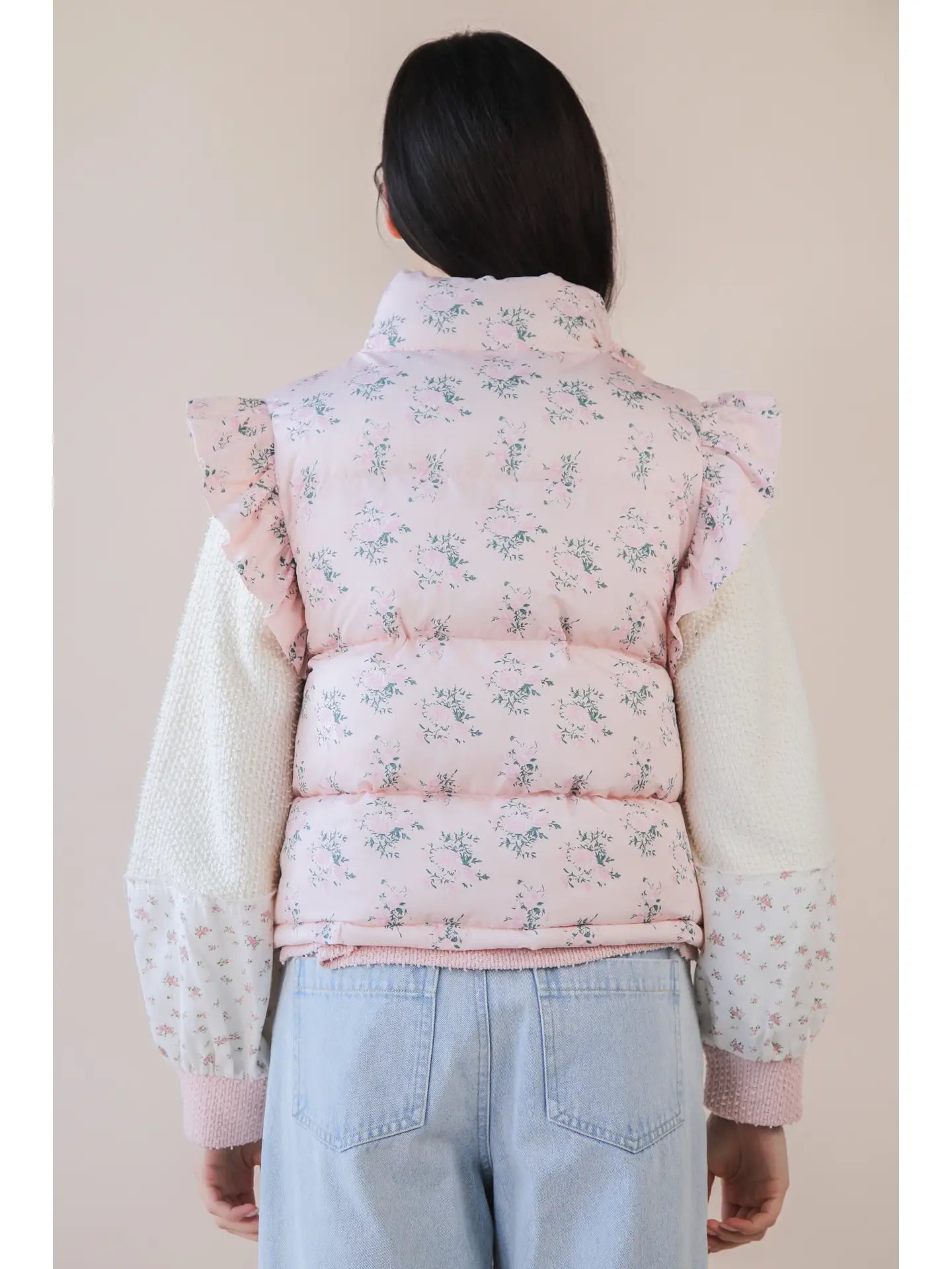 Pink Floral Bow Puffer Vest