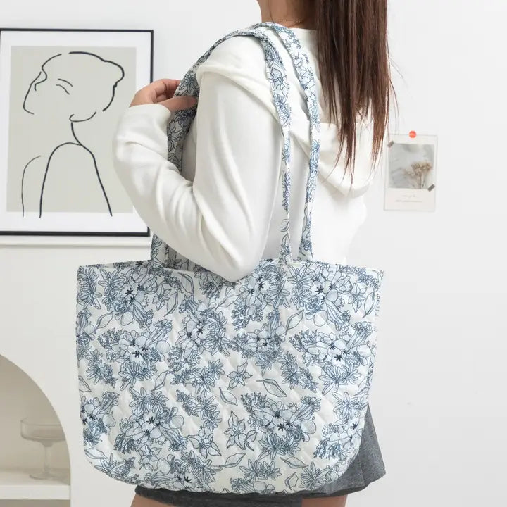 Blue Quilted Organic Floral Tote