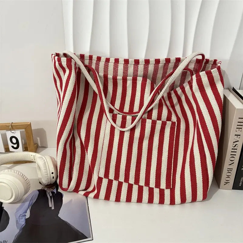Red Striped Organic Double Pocket Tote