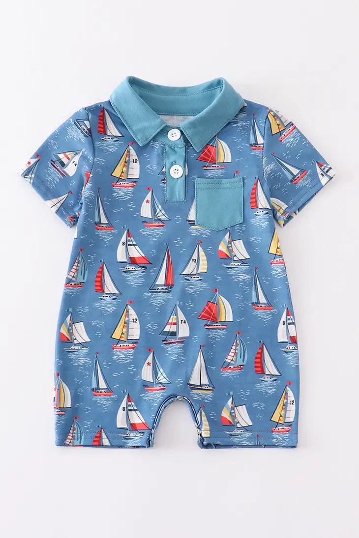 Navy Sailboat Print Pocket - Boy Romper