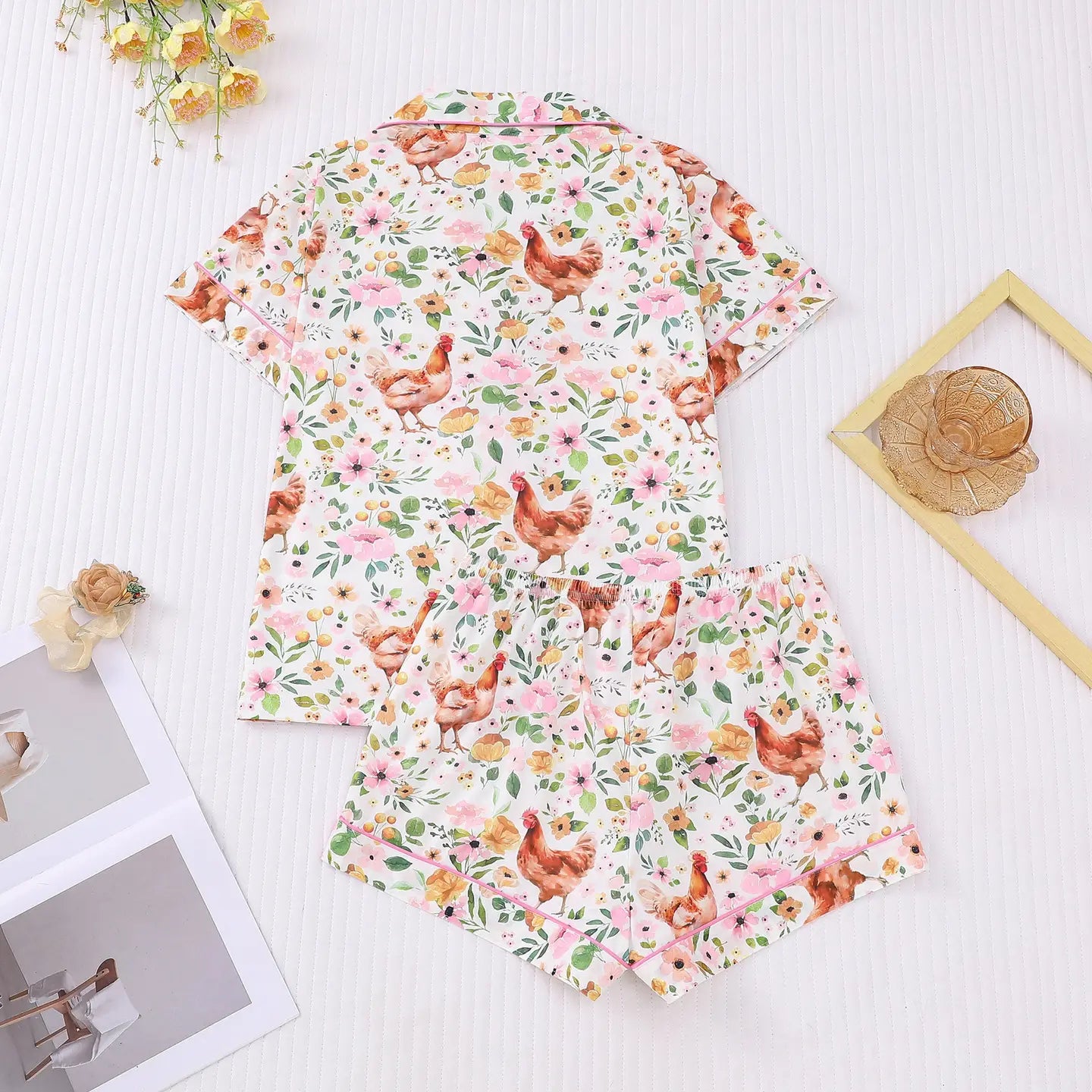 Country Floral Chicken Print Pajama Set