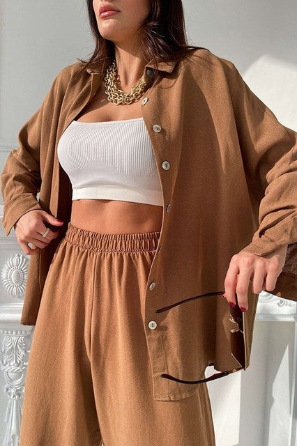 Collar Long Sleeved Shirt Top Haren Pants Set