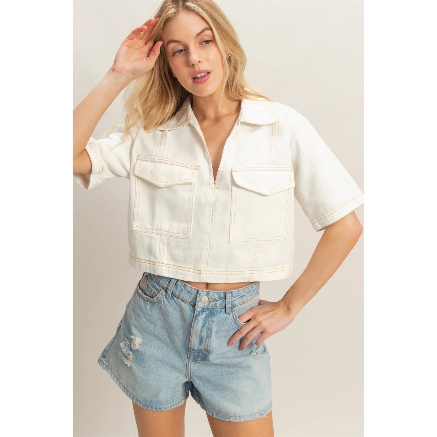 Denim V-Neck Cropped Top