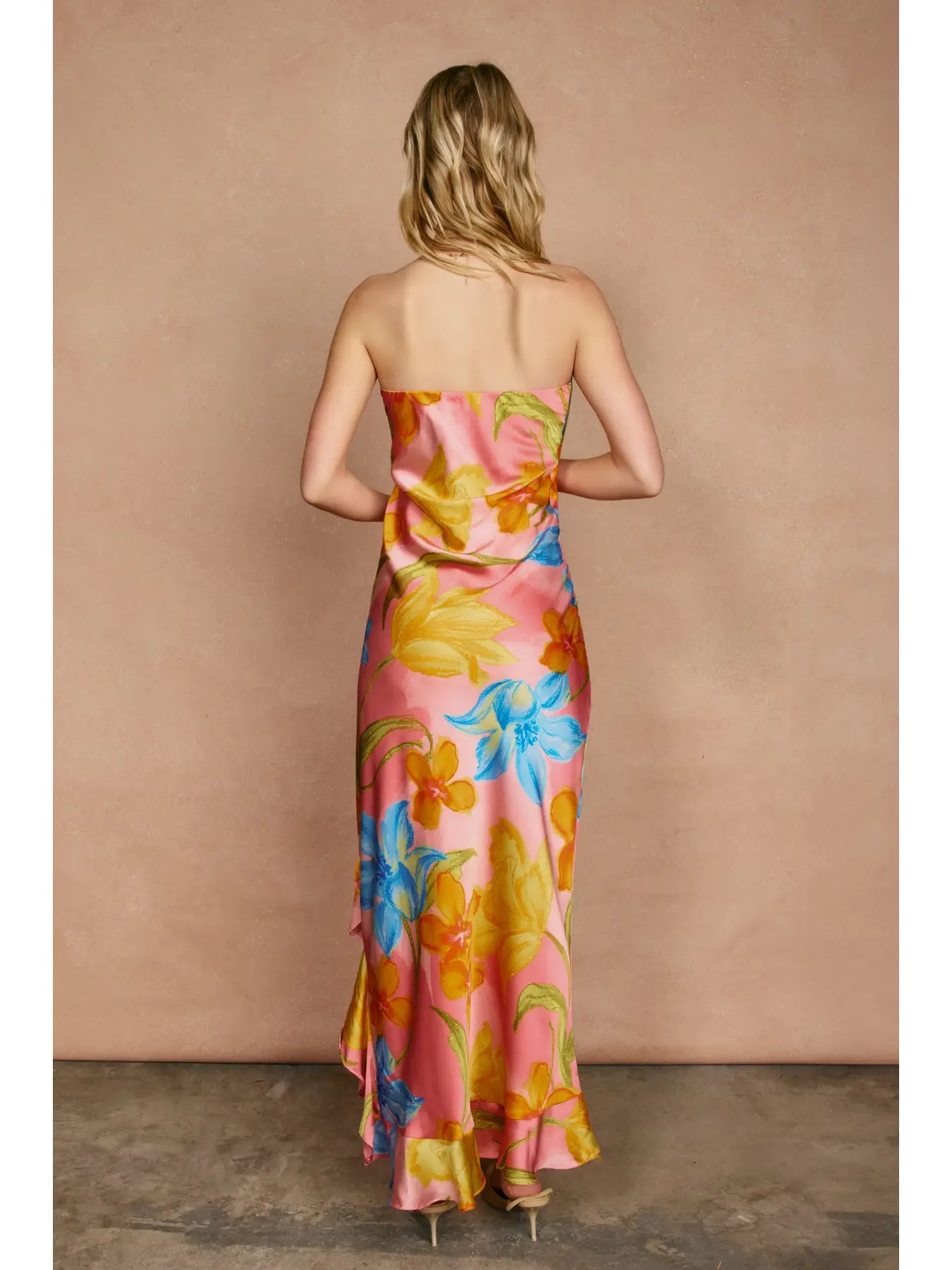 Blushing Blossom Strapless Ruffled Slit Maxi Dress