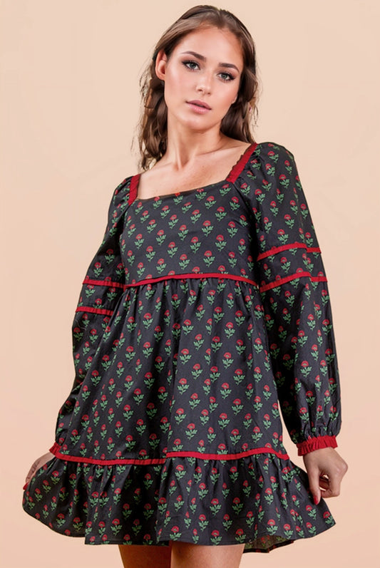 Navy Printed Ruffle Mini Dress