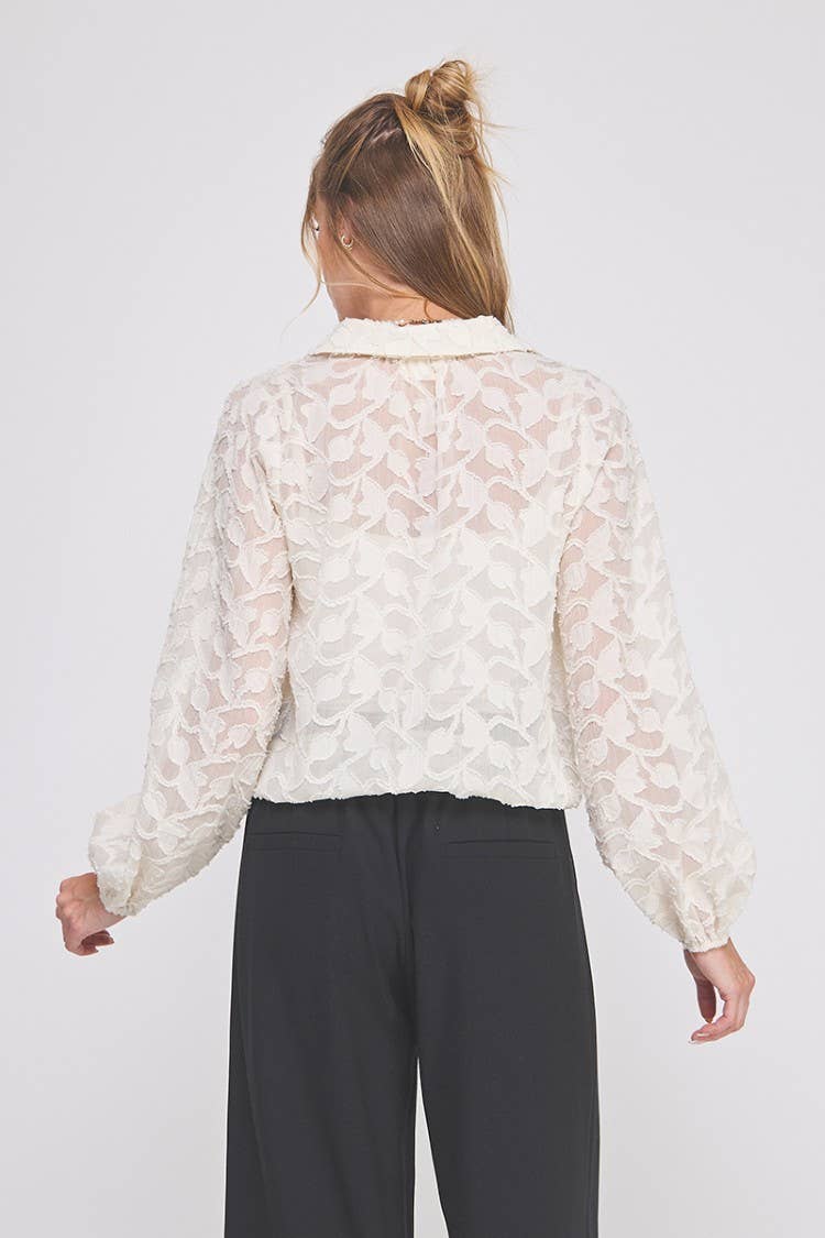 Jacquard burnout button up long sleeve blouse