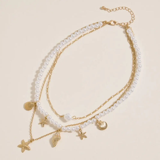 Layered Pearl Necklace with Sea Charms