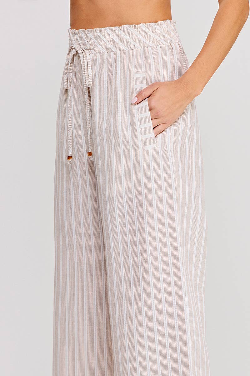 Striped Woven Smock Tie Waist Wide Leg Pants