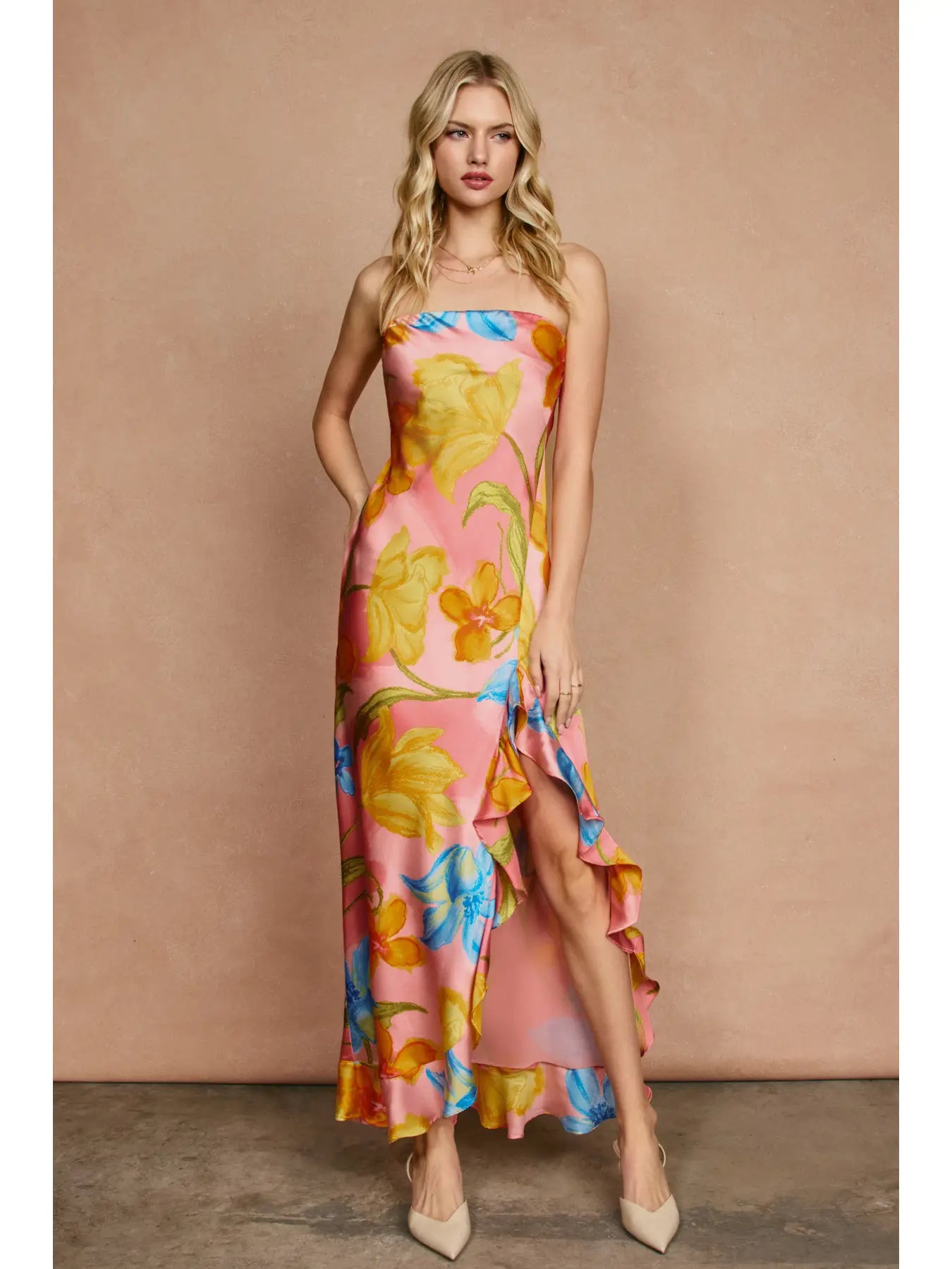 Blushing Blossom Strapless Ruffled Slit Maxi Dress