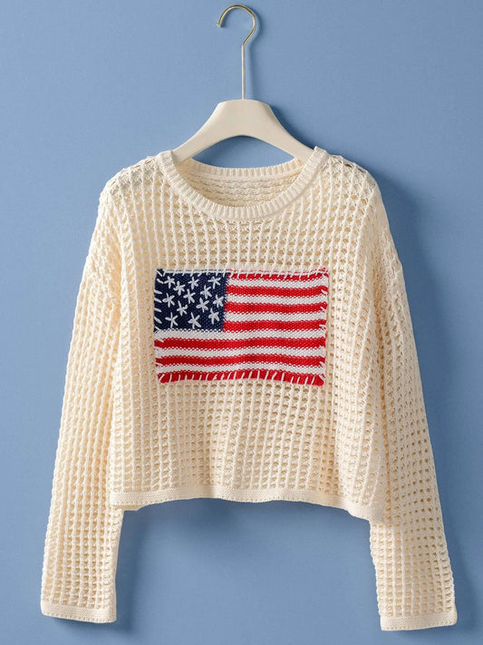 American Flag Patch Open Knit Cotton Sweater