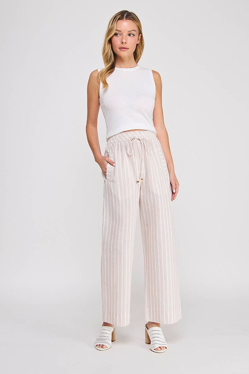 Striped Woven Smock Tie Waist Wide Leg Pants