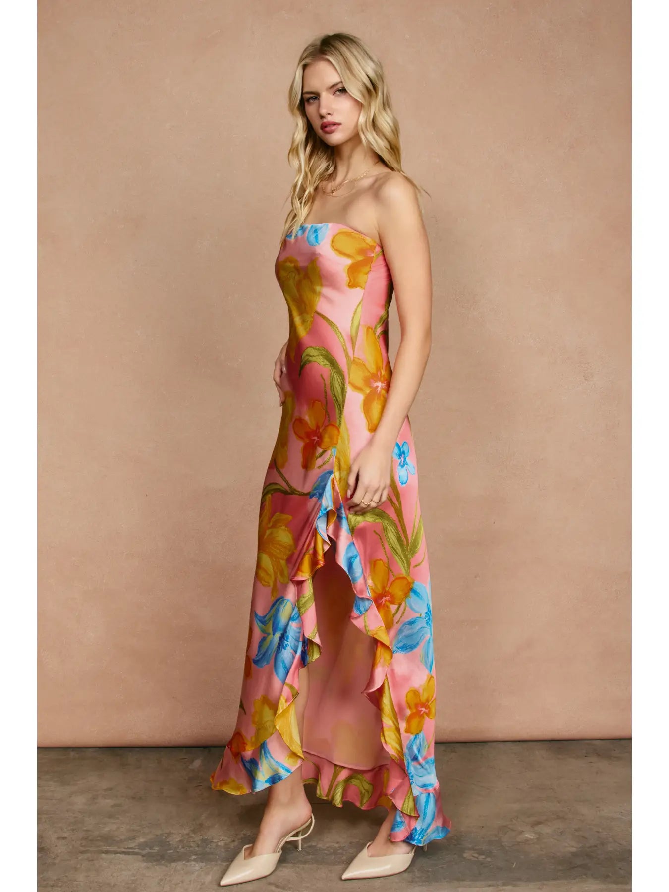 Blushing Blossom Strapless Ruffled Slit Maxi Dress