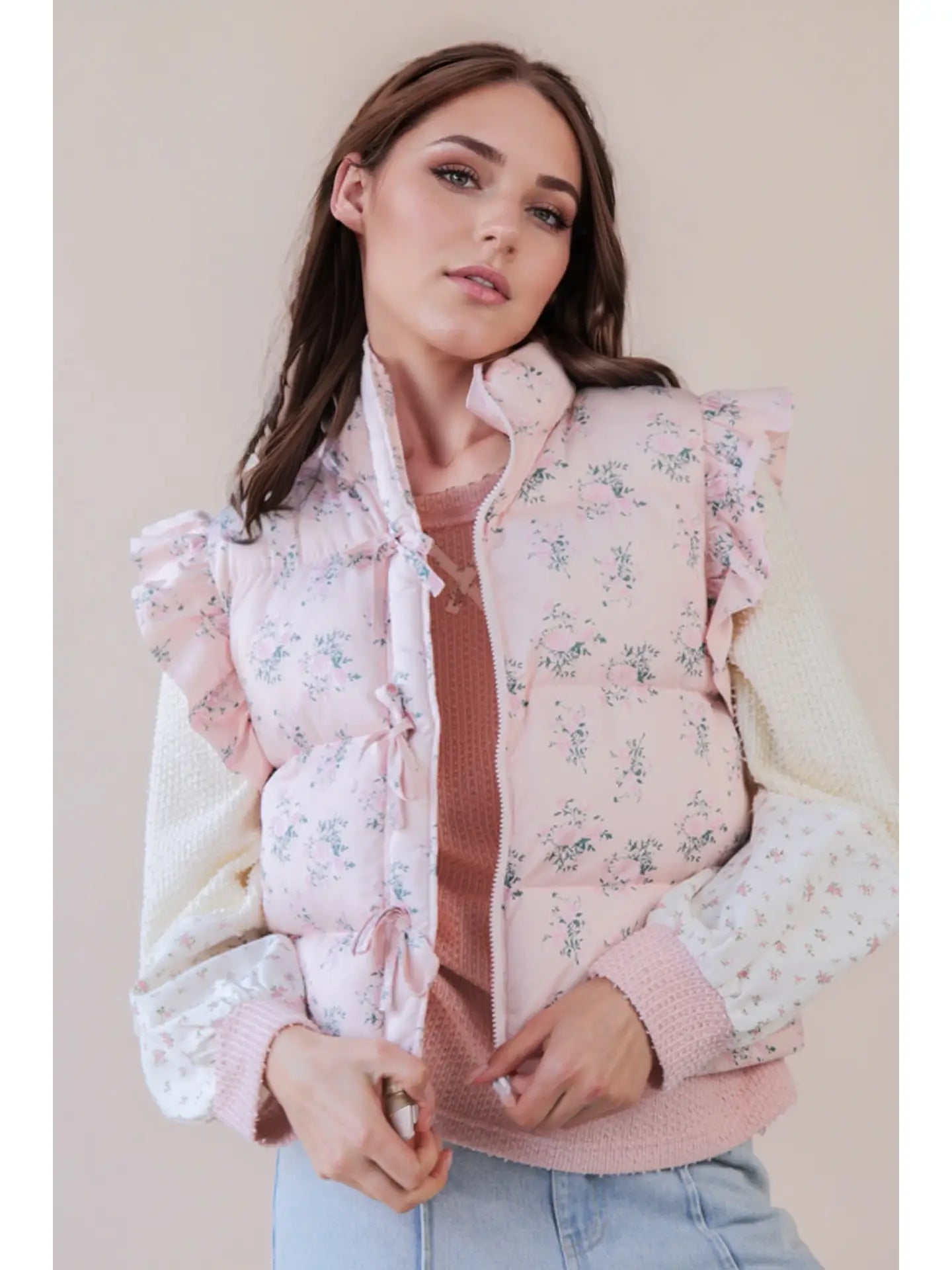 Pink Floral Bow Puffer Vest