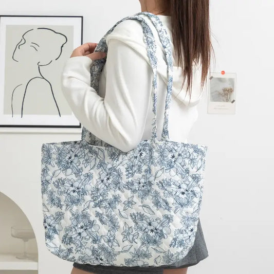 Blue Quilted Organic Floral Tote
