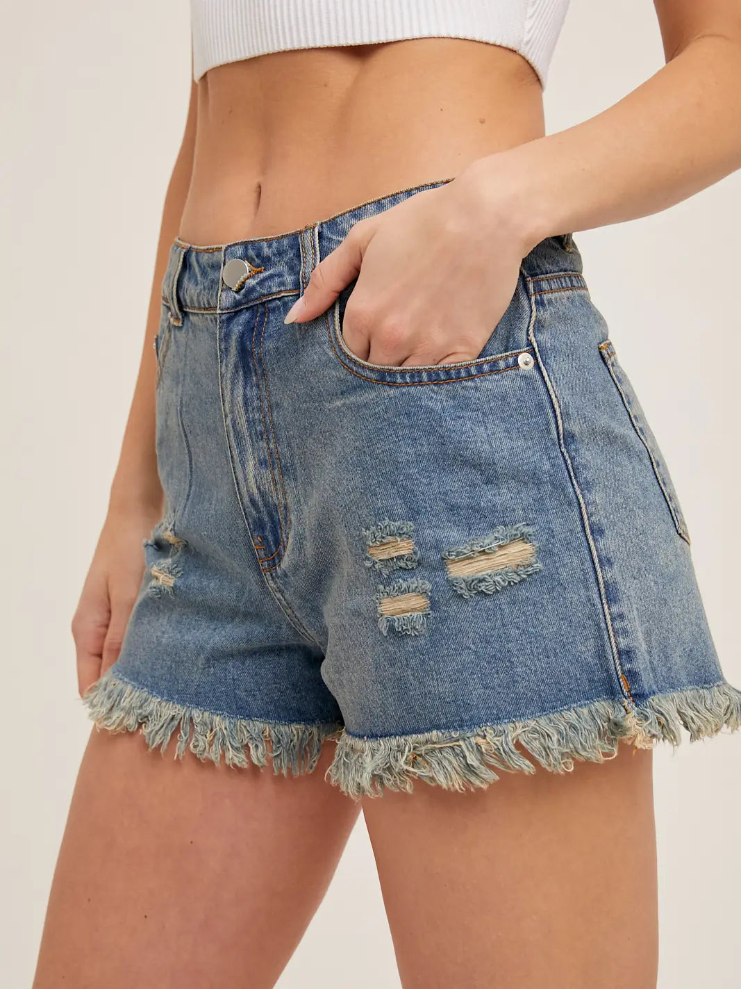 Frayed Hem High Rise Denim Shorts