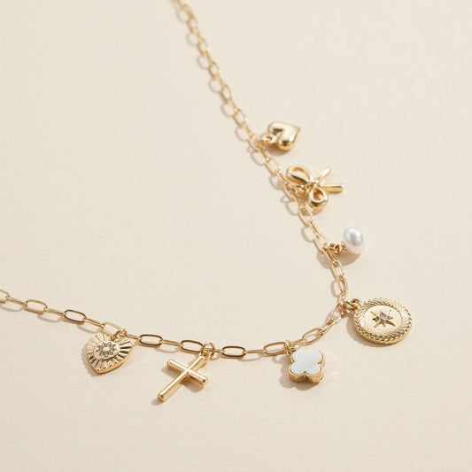 Charm Necklace with Heart, Cross, Compass & Bow Pendants