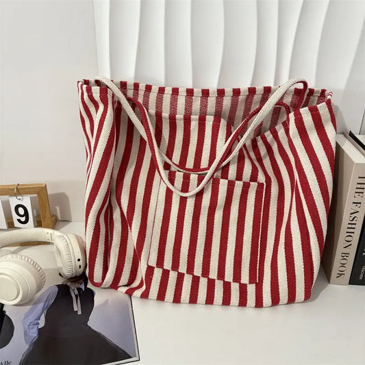 Red Striped Organic Double Pocket Tote