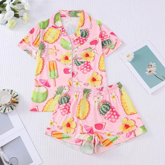 Tropical Fruit Cocktail Print Pajama Set