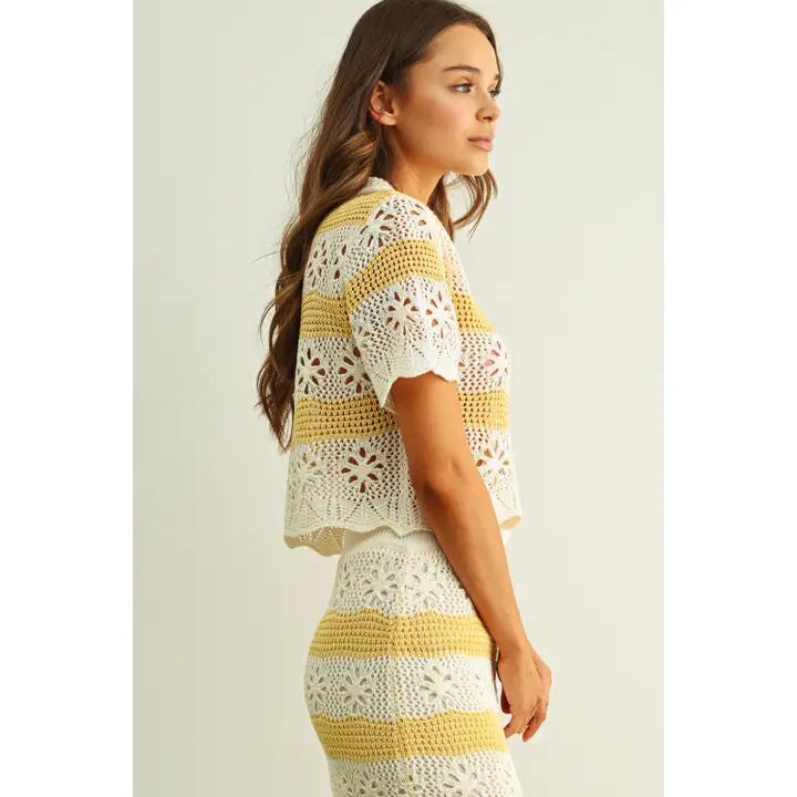 Floral Crochet Knit Button Front Sslv Top