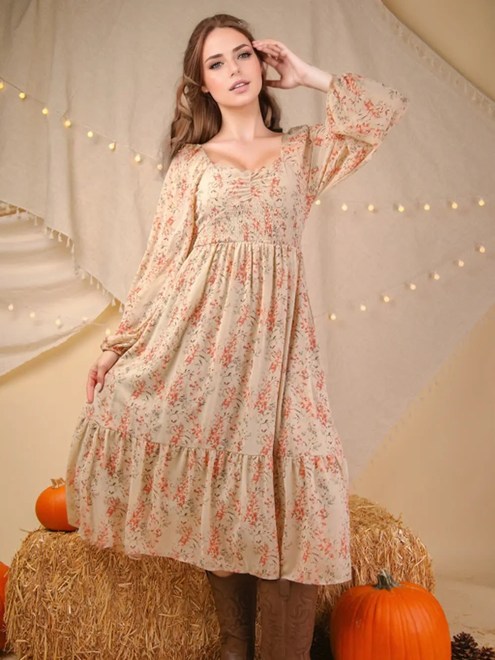 Cream Floral Midi Dress