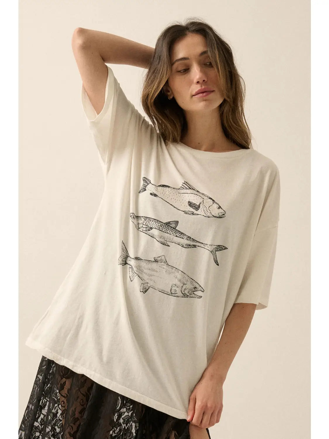 Three Fishes Garment-Washed Oversize Graphic Tee