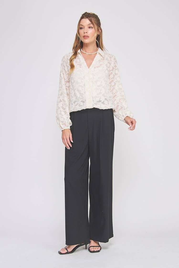 Jacquard burnout button up long sleeve blouse